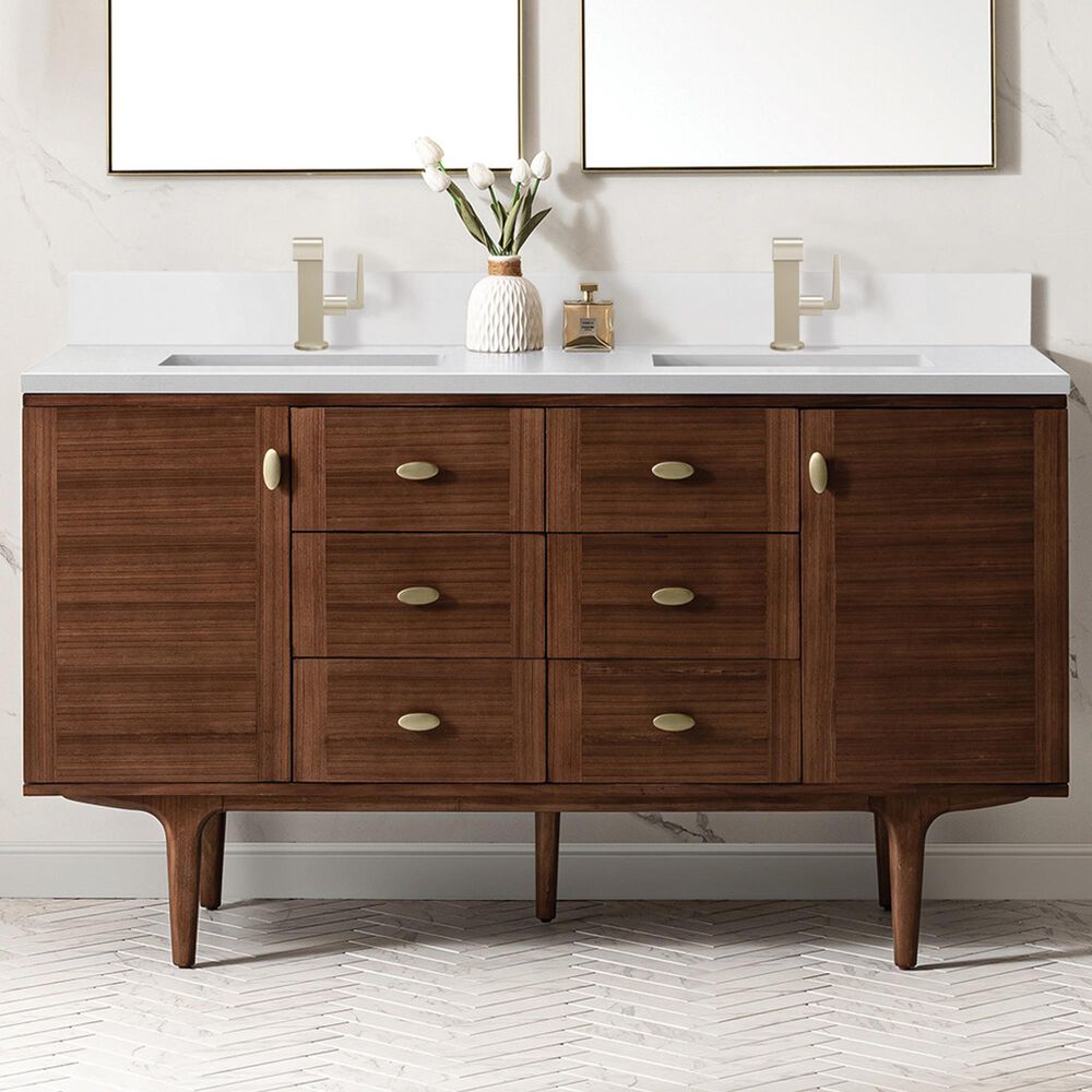 James Martin Vanities Amberly 60&quot; Double Bathroom Vanity in Mid-Century Walnut with 3 cm Parisien Bleu Quartz Top and Rectangular Sinks, , large