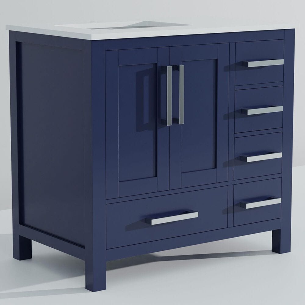 Lexora Home Jacques 36&quot; Left Offset Single Bathroom Vanity in Navy Blue with 2 cm White Cultured Marble Top and Rectangular Sink, , large