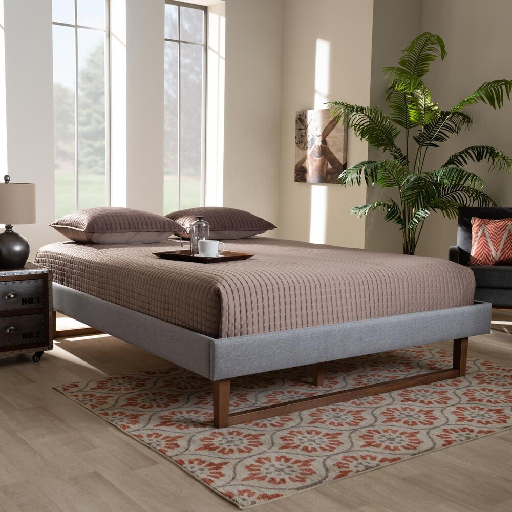 Baxton Studio Liliya Full Platform Bed Frame with Light Grey Upholstered in Walnut Brown, , large