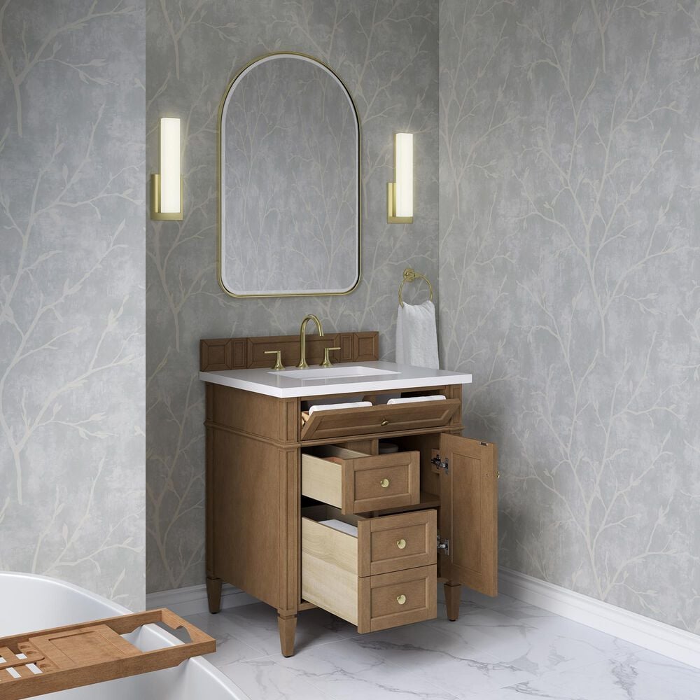 James Martin Brittany 30" Single Bathroom Vanity in Pecan with 3 cm White Zeus Silestone Top and Rectangular Sink, , large