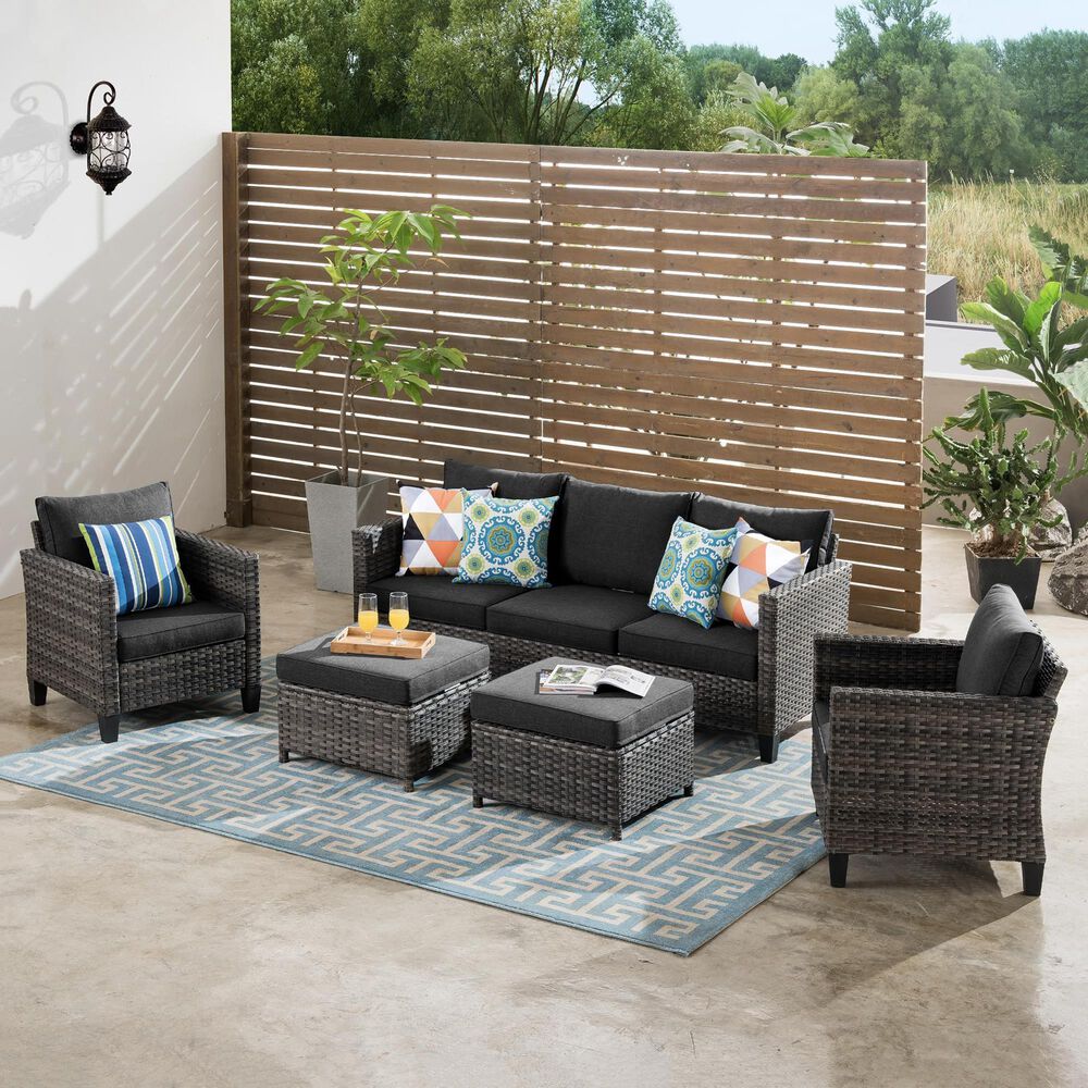 HOMLUX HOMLUX 5-Piece Outdoor Wicker Patio Furniture Set, High Back Rattan Sofa with Chairs, Ottomans &amp; Cushions in Black, , large
