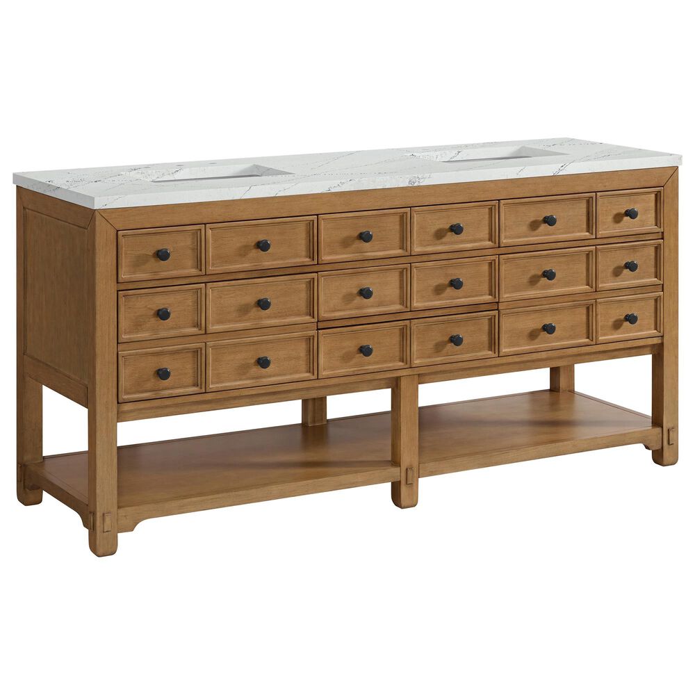 James Martin Malibu 72&quot; Double Bathroom Vanity in Amber Birch with 3 cm Ethereal Noctis Quartz Top and Rectangular Sinks, , large