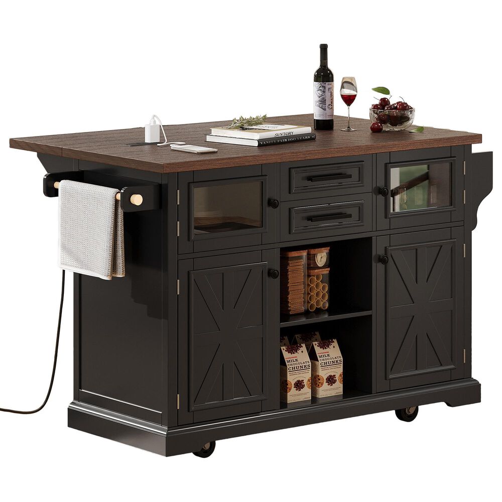 HOMLUX 54.9" Kitchen Island with Drop Leaf in Black and Brown, , large