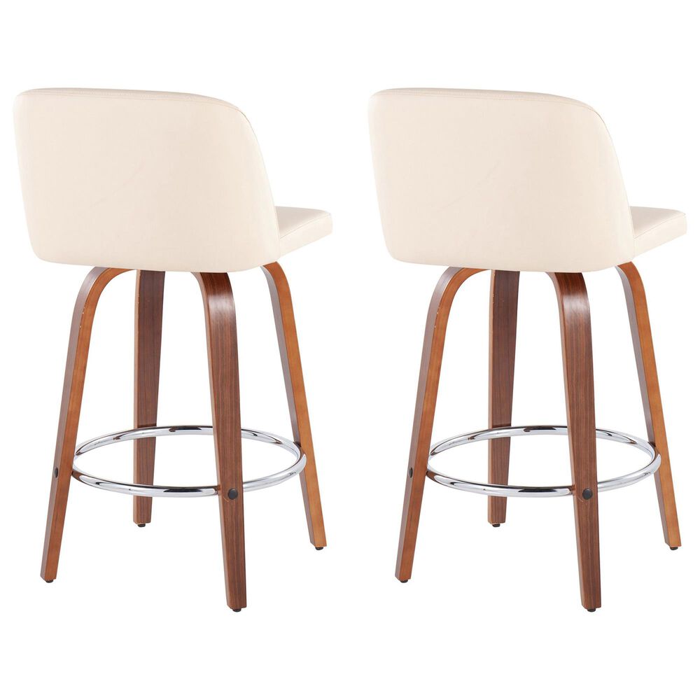 LumiSource Toriano Swivel Counter Stool with Cream Faux Leather Upholstery in Walnut and Chrome (Set of 2), , large