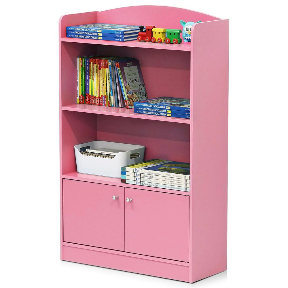 HOMLUX 4-Tier Bookshelf with 2-Door Storage Cabinet in Pink, , large