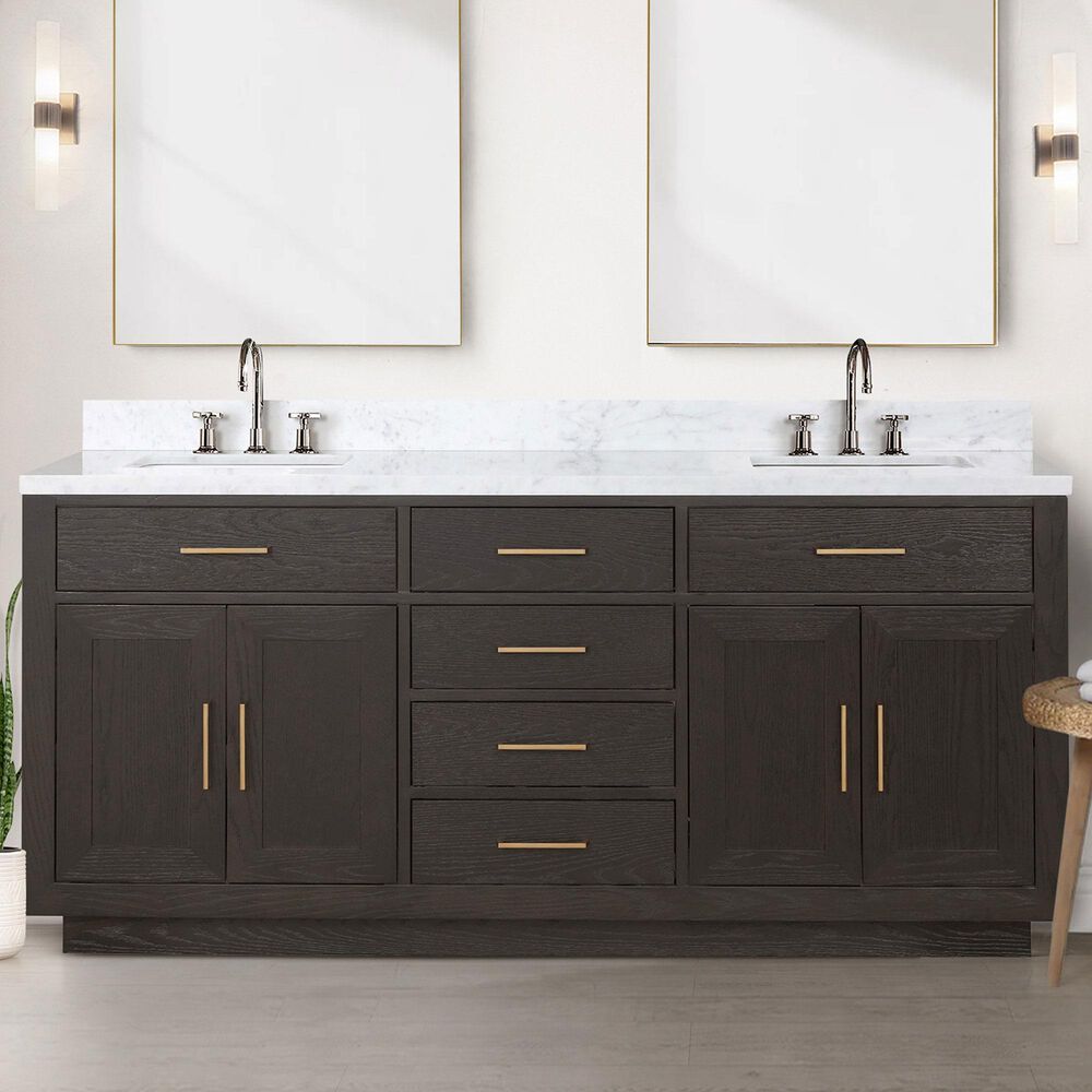 Lexora Home Abbey 72&quot; Double Bathroom Vanity in Brown Oak with 2 cm White Carrara Marble Top and Rectangular Sinks, , large