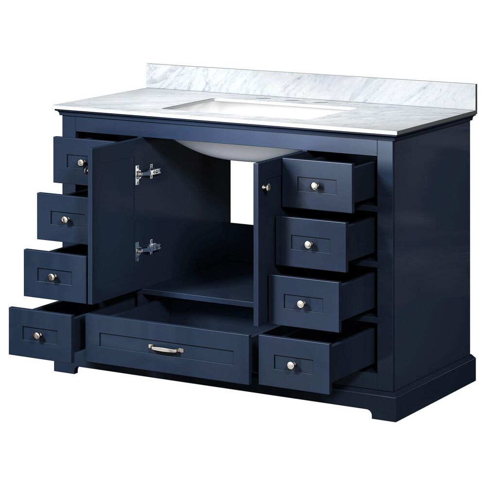 Lexora Home Dukes 48&quot; Single Bathroom Vanity in Navy Blue with 2 cm White Carrara Marble Top and Rectangular Sink, , large
