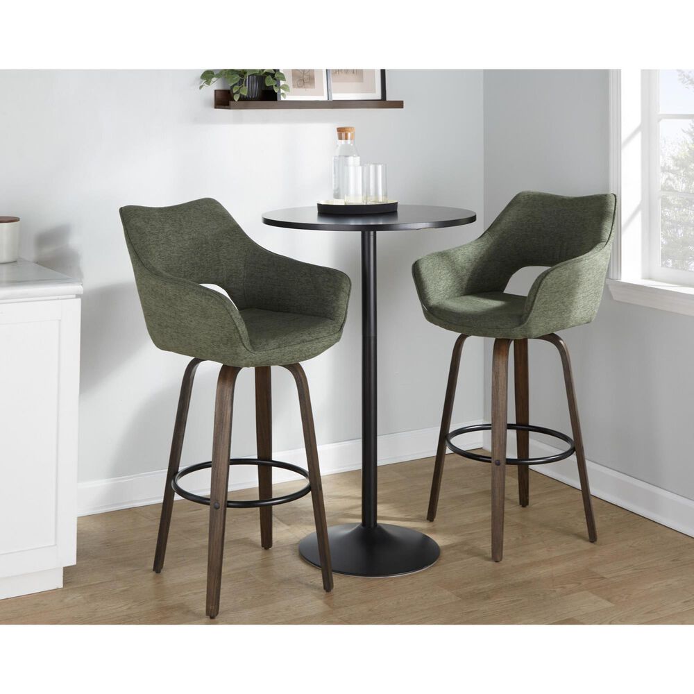 LumiSource Mustang 30" Swivel Bar Stool with Green Fabric Upholstery in Glazed Walnut and Black (Set of 2), , large