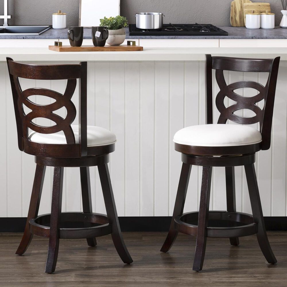 CorLiving Woodgrove Circle Back Counter Stool in Cappuccino with White Cushion (Set of 2), , large