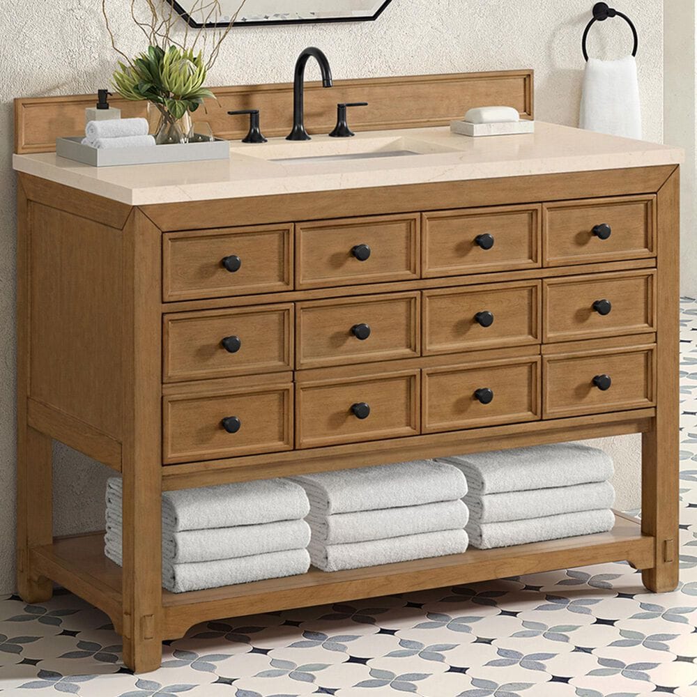 James Martin Malibu 48&quot; Single Bathroom Vanity in Amber Birch with 3 cm Eternal Marfil Quartz Top and Rectangular Sink, , large