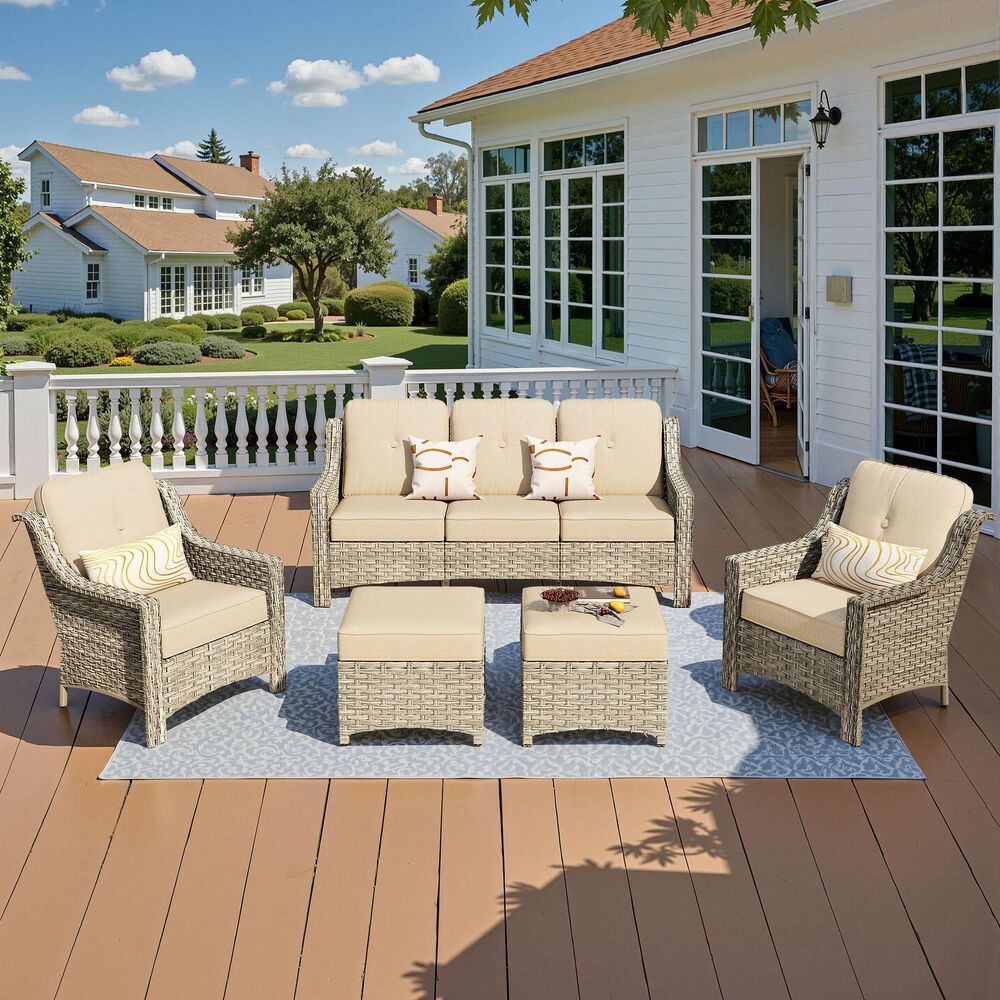 HOMLUX 5-Piece Patio Conversation Set with Two Ottomans in Beige, , large