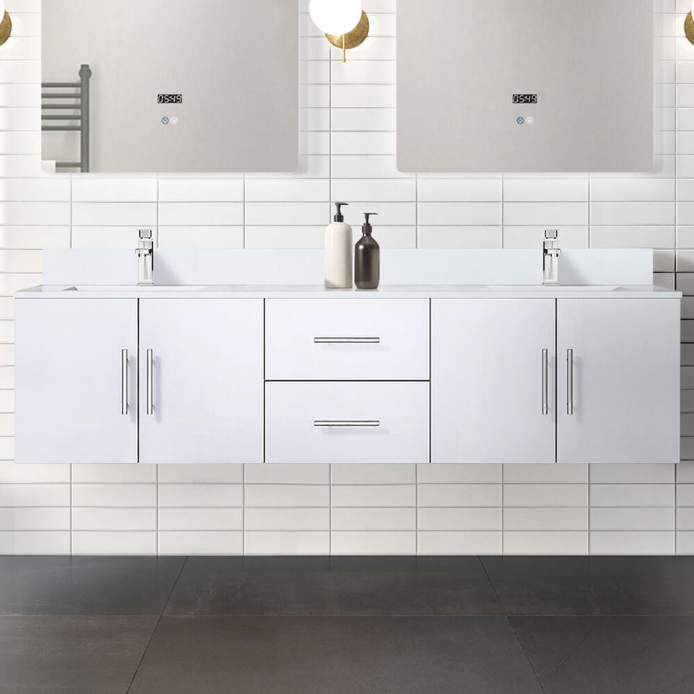 Lexora Home Geneva 72&quot; Double Bathroom Vanity in Glossy White with 2 cm White Quartz Top and Rectangular Sinks, , large
