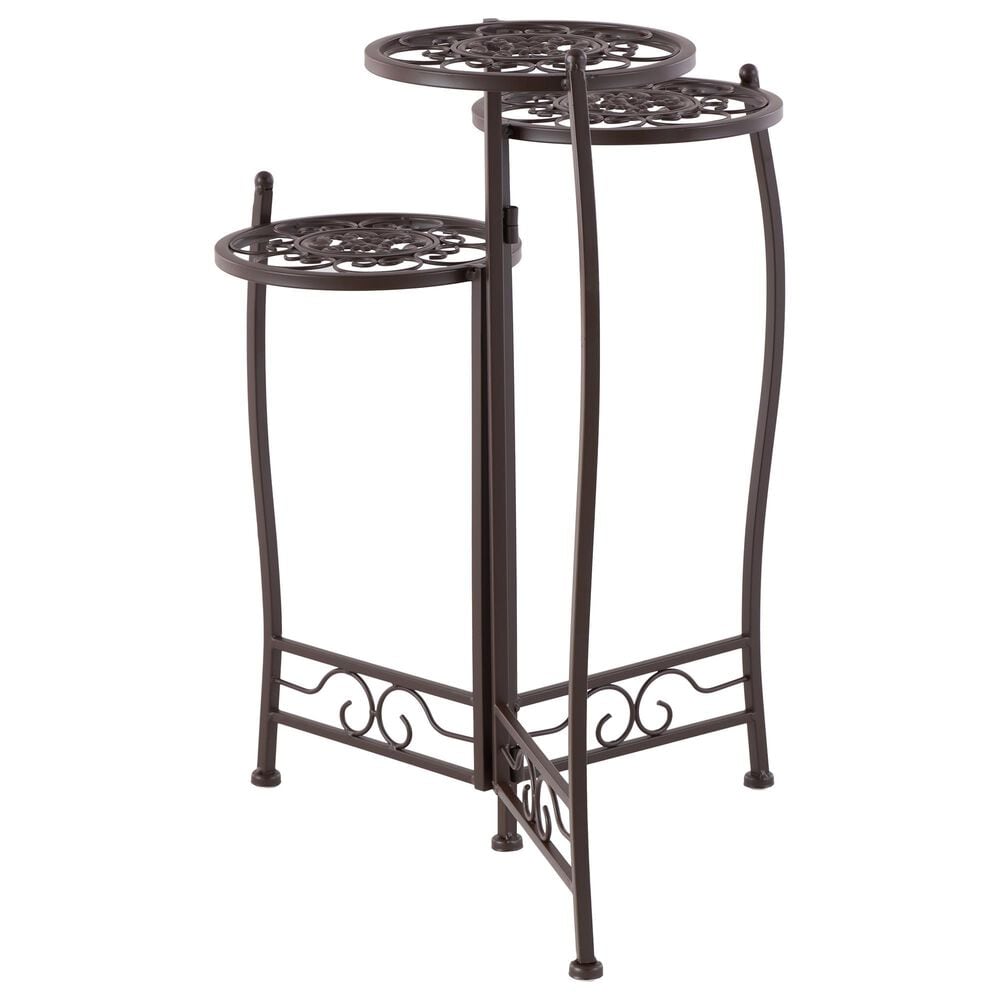 Maple and Jade 3-Tier Indoor/Outdoor Plant Stand with Scroll Details in Brown, , large