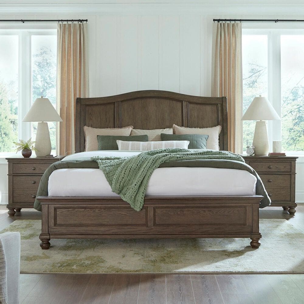 Riva Ridge Oxford King Sleigh Bed with Two Nightstands in Cocoa with AC Oulets and USB Ports, , large