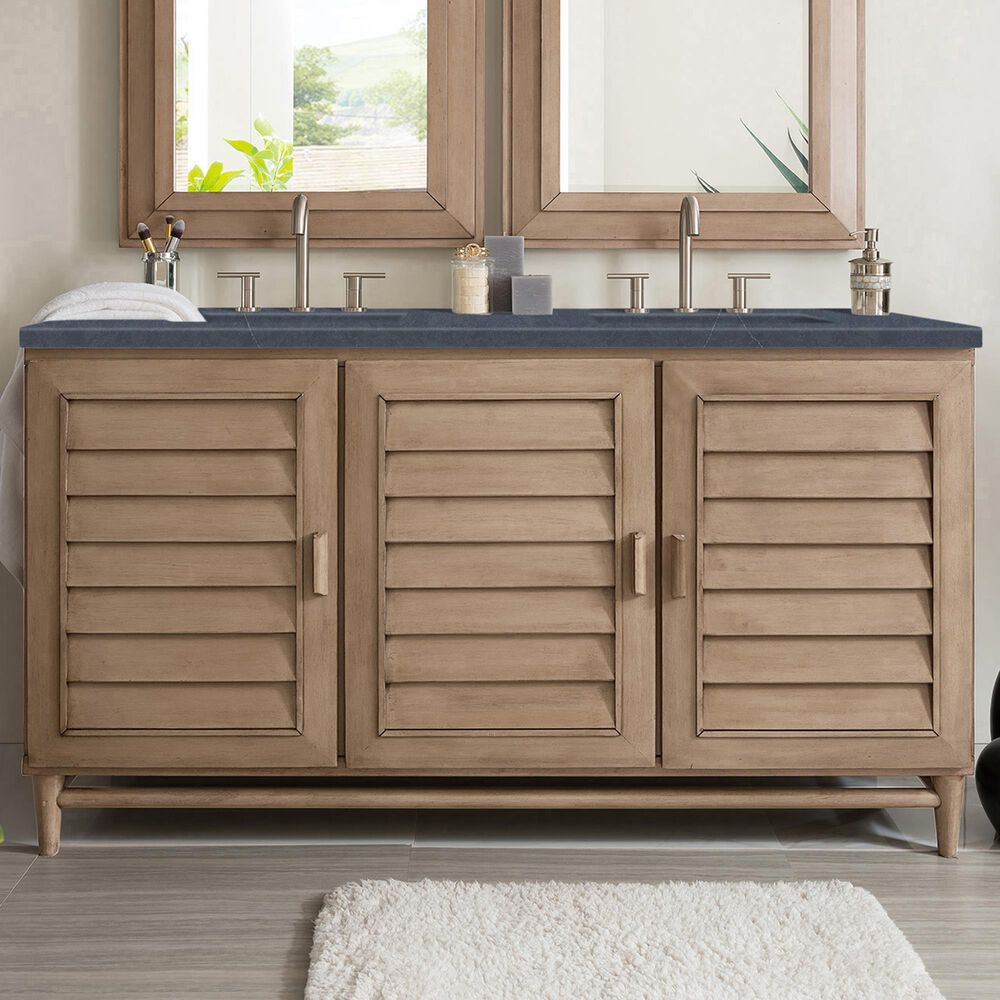 James Martin Vanities Portland 60&quot; Double Bathroom Vanity in Whitewashed Walnut with 3 cm Charcoal Soapstone Quartz Top and Rectangular Sinks, , large