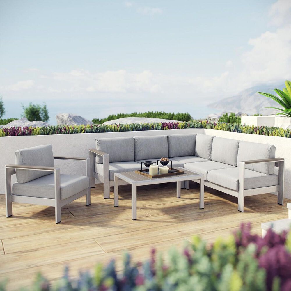 Modway Shore 5-Piece Outdoor Patio Aluminum Conversation Set in Silver and Gray, , large