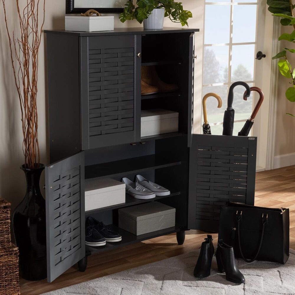 Baxton Studio Winda 4-Door Entryway Shoe Storage Cabinet in Dark Gray, , large