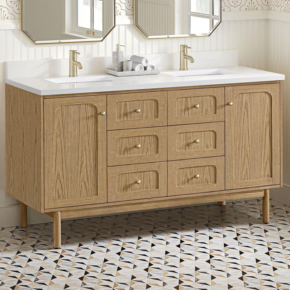 James Martin Vanities Laurent 60&quot; Double Bathroom Vanity in Light Natural Oak with Single Hole 3 cm White Zeus Quartz Top and Rectangular Sinks, , large