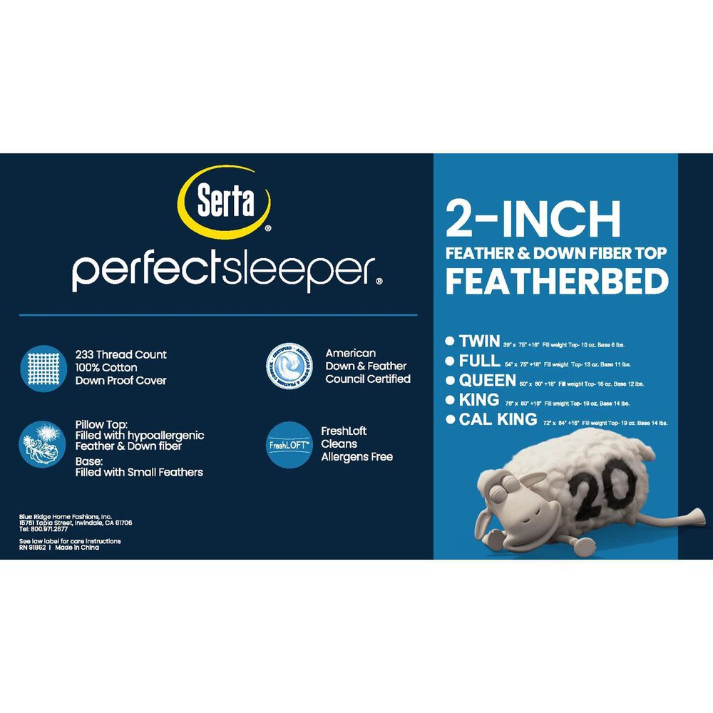 Blue Ridge Home Fashions Serta Queen Down Feather Mattress Topper in White, , large