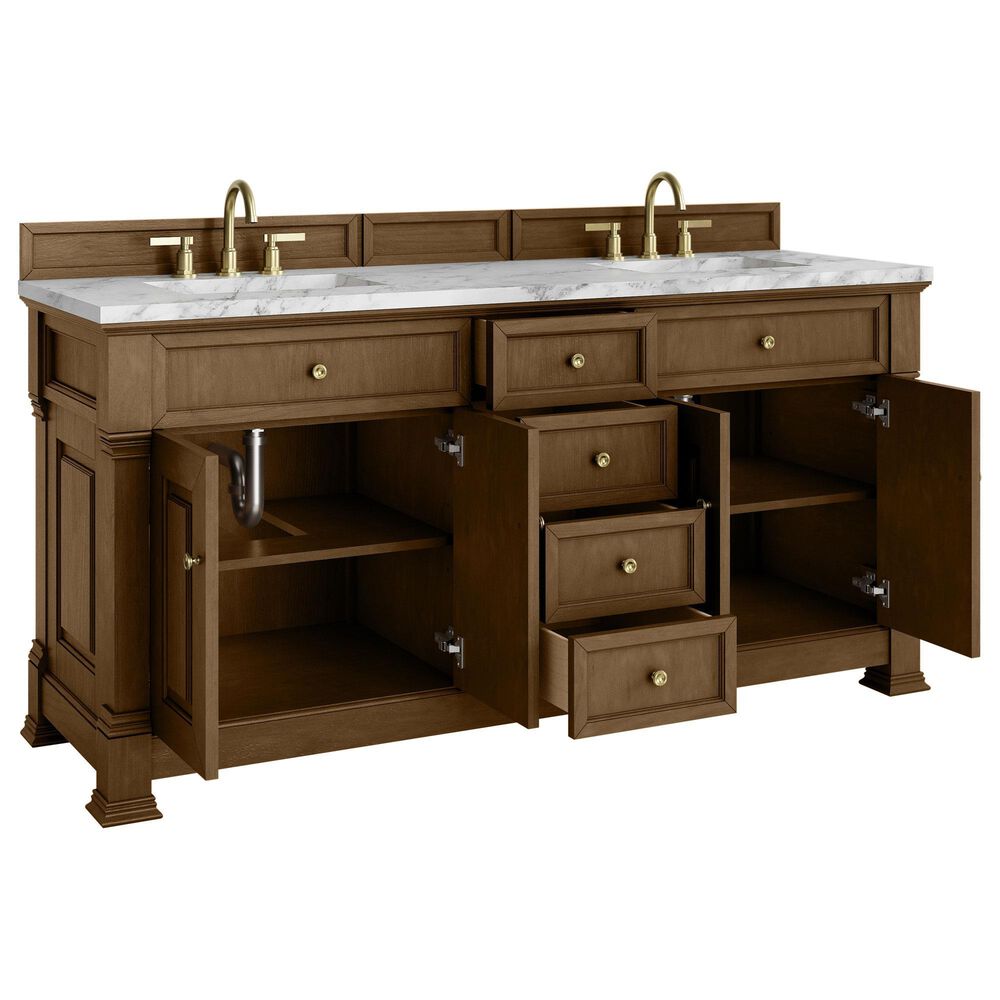 James Martin Vanities Brookfield 72" Double Bathroom Vanity in Honey Oak with 3cm Carrara White Marble Top and Rectangular Sinks, , large