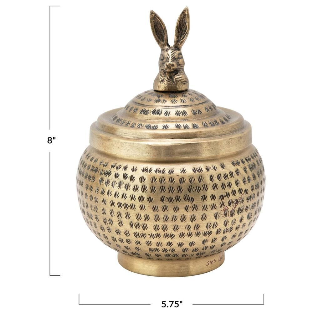 Creative Coop Round Hammered Metal Container with Rabbit Finial in Brass, , large