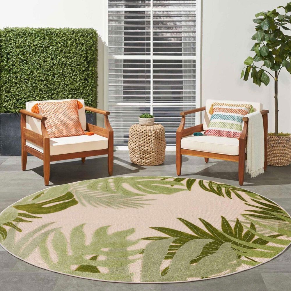 Nourison Aloha ALH40 5&#39;3&quot; Round Ivory and Green Indoor/Outdoor Area Rug, , large