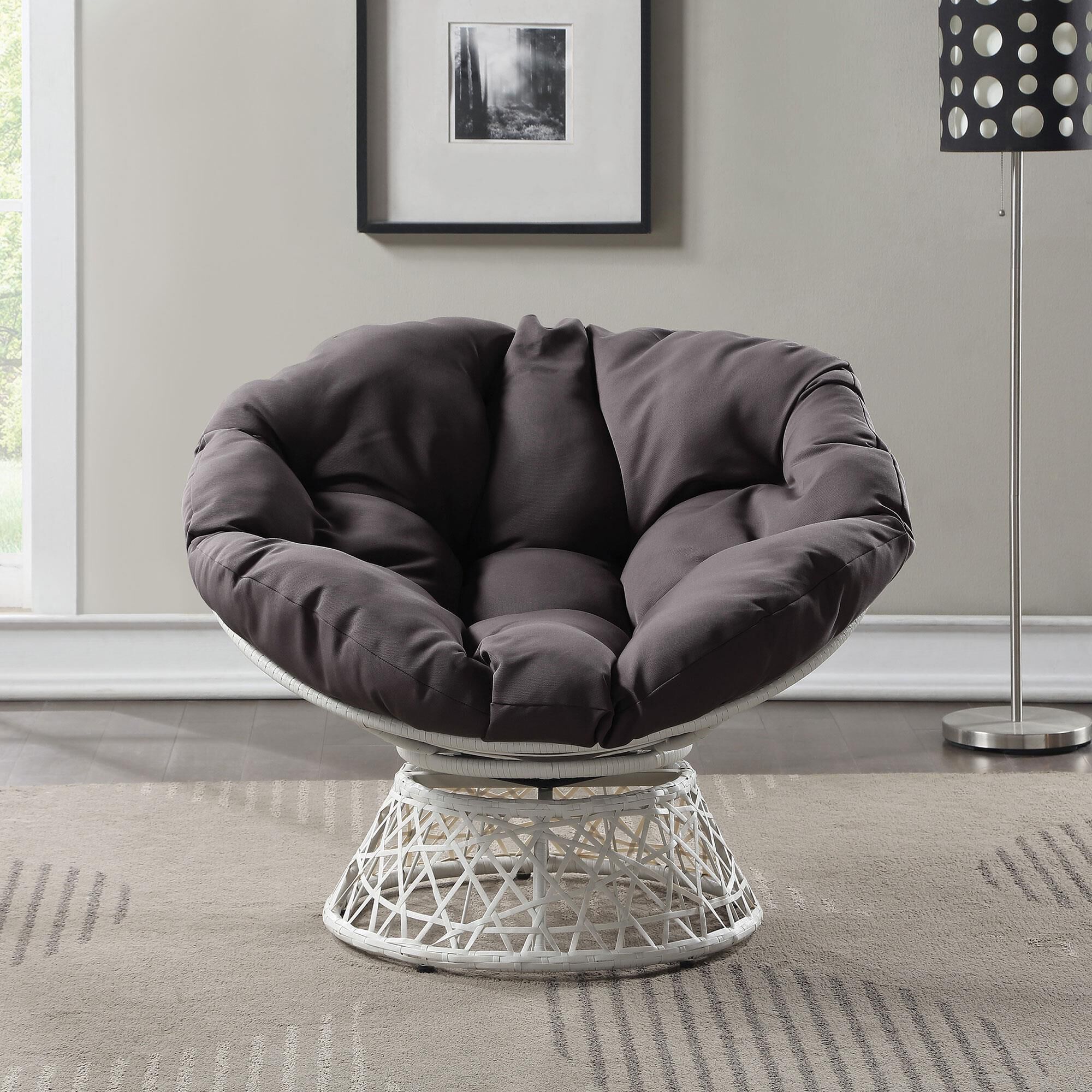 OSP Home Papasan Swivel Chair with White Wicker Weave in Grey NFM