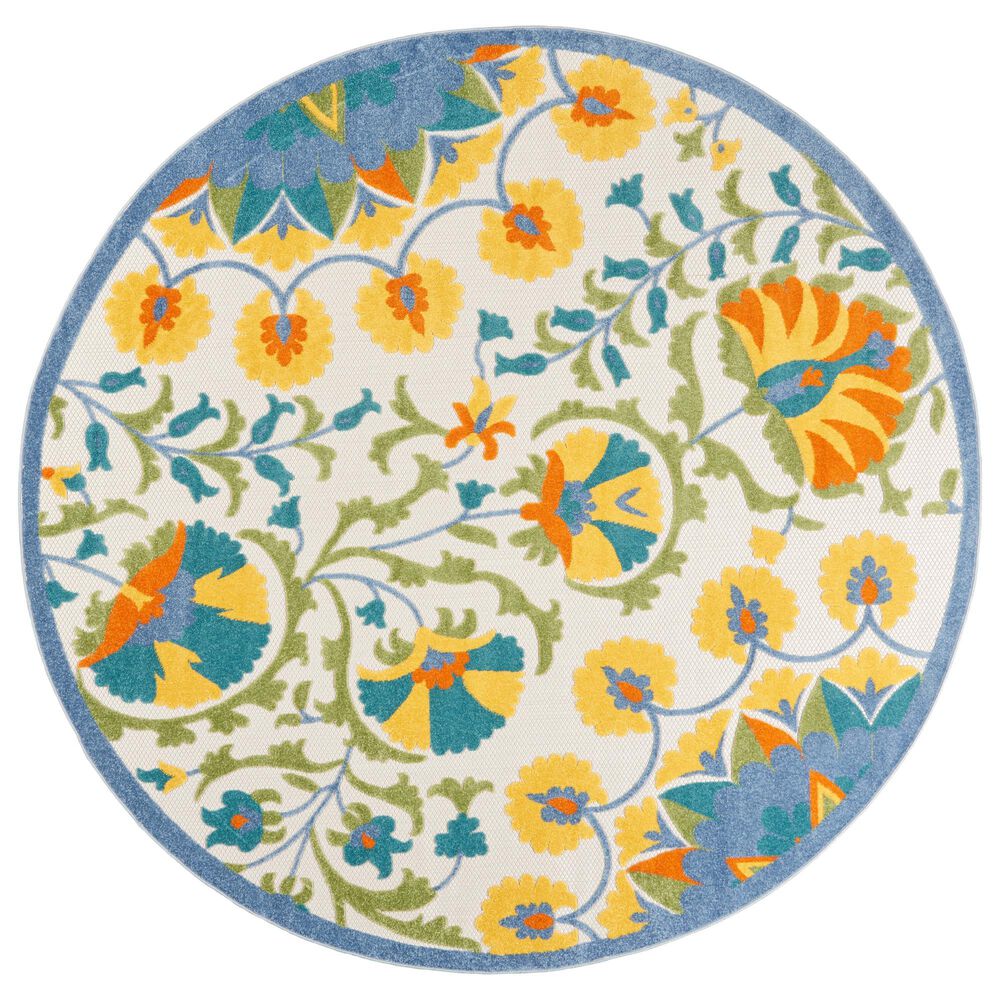 Nourison Aloha 7"10" Round Blue, Yellow, Orange, Green and White Indoor/Outdoor Area Rug, , large