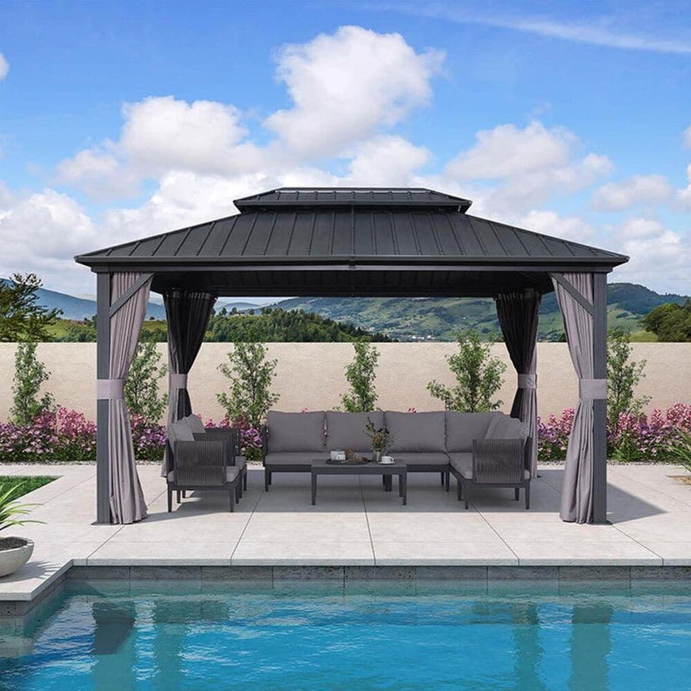 HOMLUX 10' x 14' Outdoor Hardtop Gazebo with Galvanized Steel Roof, Netting, and Curtains, Gray, , large