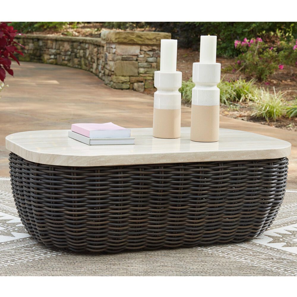 Ashley Kimora Patio Cocktail Table in Beige and Dark Brown, , large