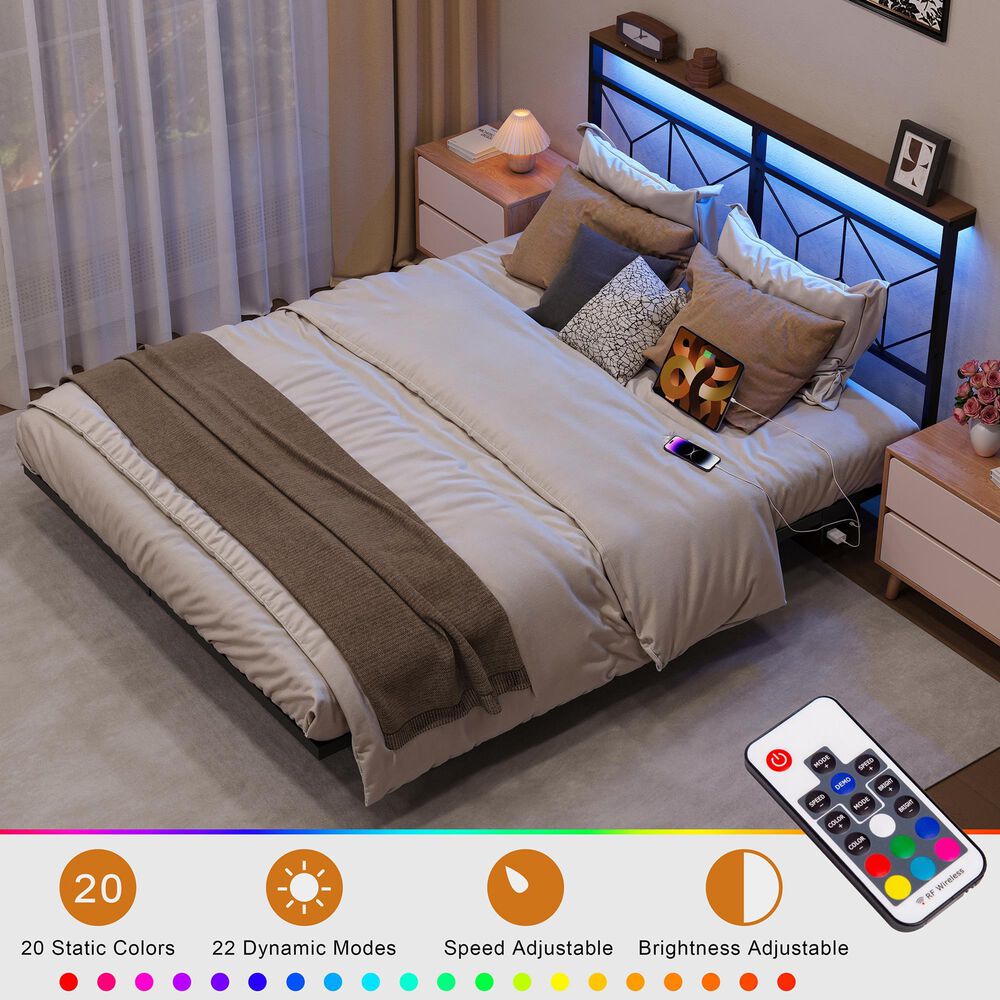 HOMLUX Twin Floating Bed Frame with LED Headboard and Charging Station in Black, , large