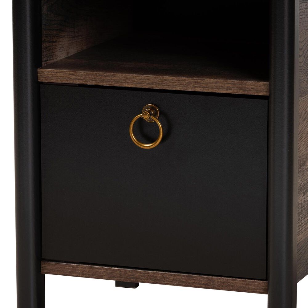 Baxton Studio Vaughan 1-Door Nightstand in Dark Brown, Rustic Brown and Black, , large
