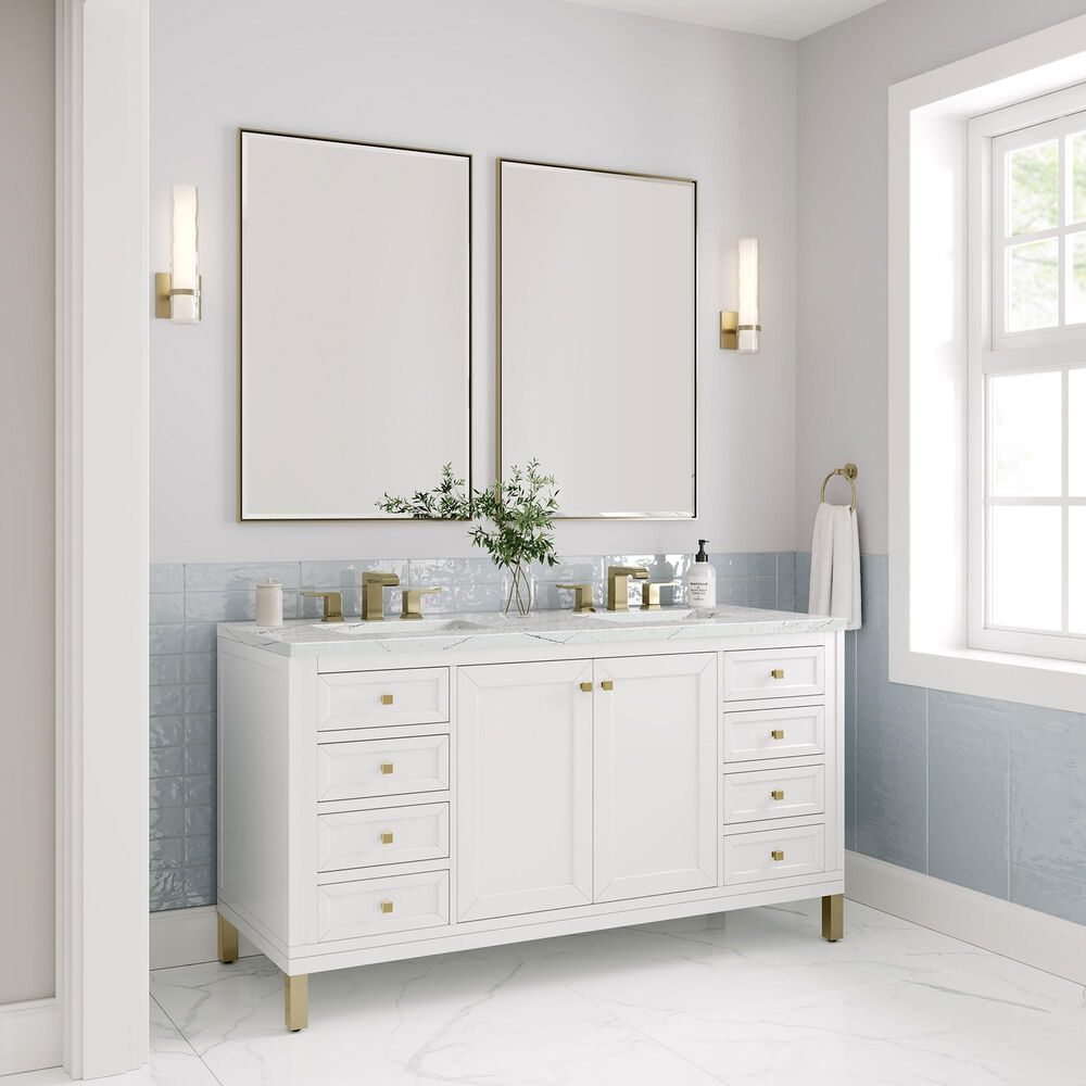 James Martin Vanities Chicago 60&quot; Double Bathroom Vanity in Glossy White with 3 cm Ethereal Noctis Quartz Top and Rectangular Sinks, , large