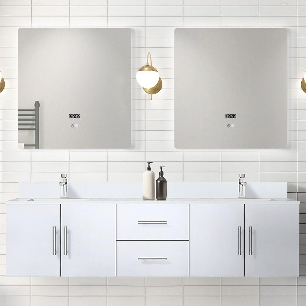 Lexora Home Geneva 72&quot; Double Bathroom Vanity in Glossy White with 2 cm White Cultured Marble Top, Rectangular Sinks and 30&quot; LED Mirrors, , large