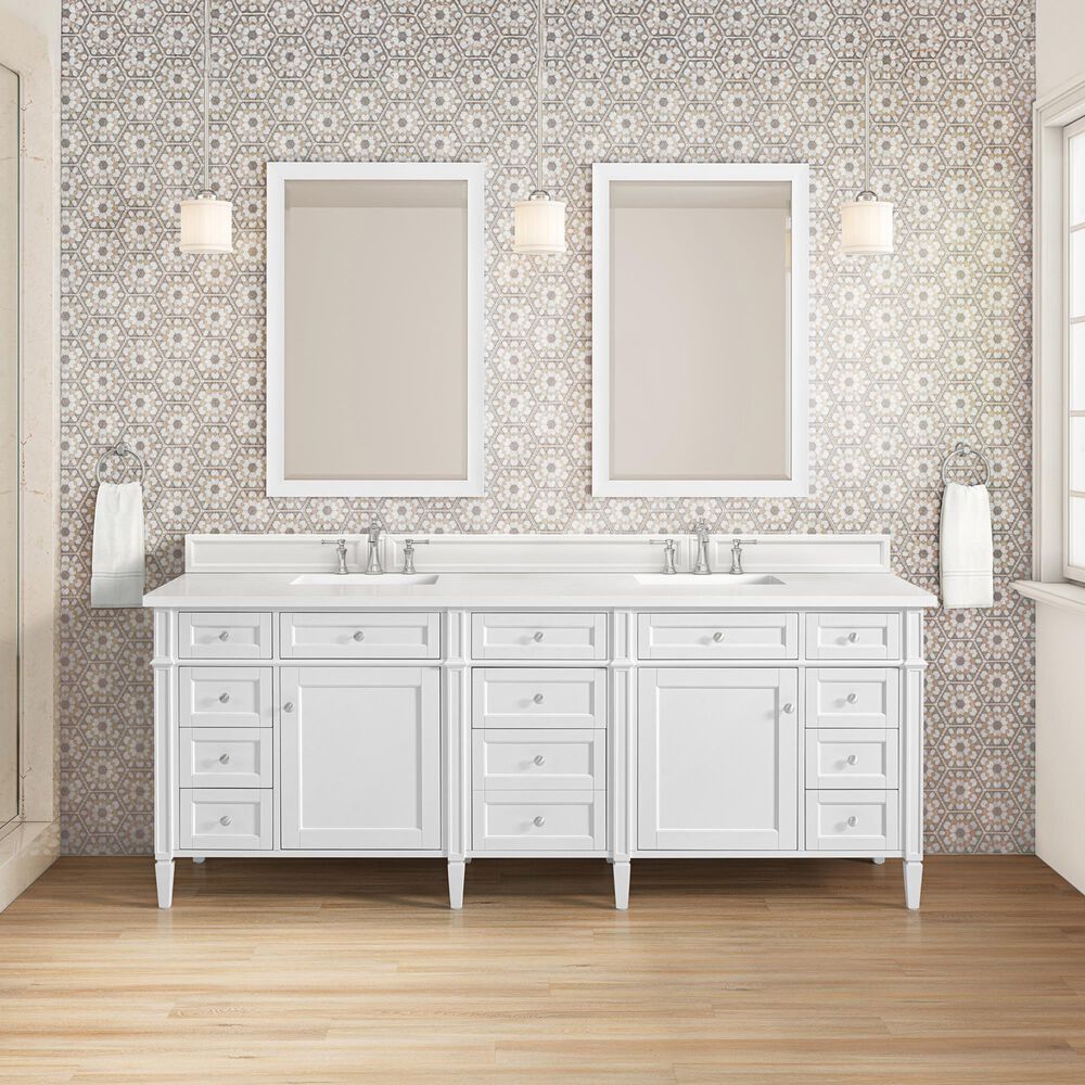 James Martin Brittany 84" Double Bathroom Vanity in Bright White with 3 cm White Zeus Top and Rectangular Sinks, , large