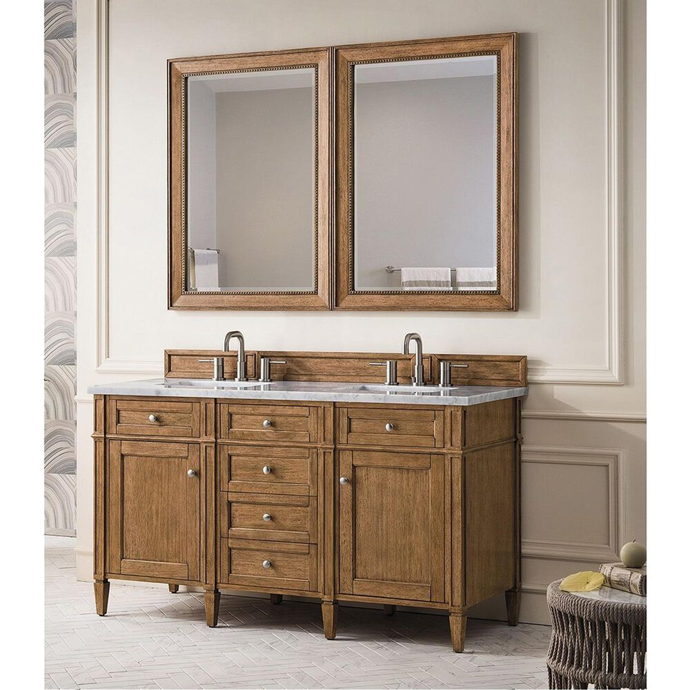 James Martin Vanities Brittany 60&quot; Double Bathroom Vanity in Saddle Brown with 3 cm Eternal Jasmine Pearl Quartz Top and Rectangular Sinks, , large