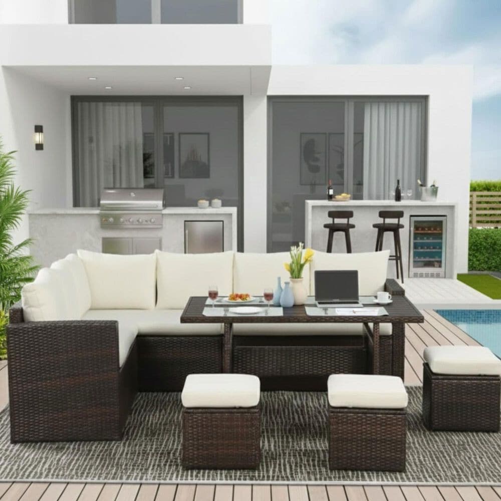 Hearth and Haven 7-Piece Outdoor Dining Set with Beige Cushion in Brown, , large