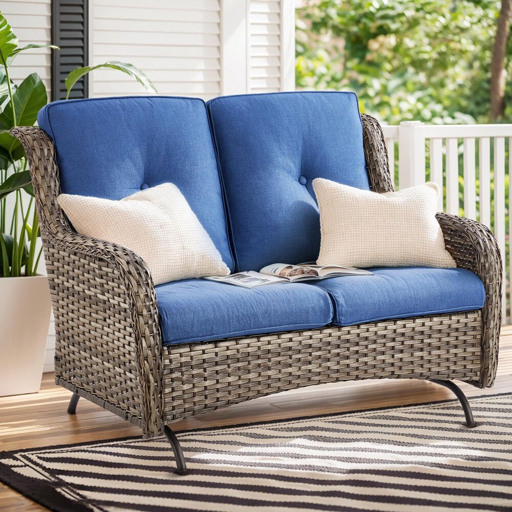 Sunwell Garden Outdoor Glider Loveseat with Gray Rattan in Navy, , large