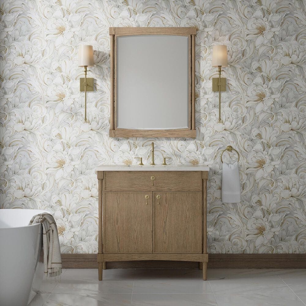 James Martin Kinnsden 36" Single Bathroom Vanity in Weathered Oak with 3 cm Siberian Silestone Top and Rectangular Sink, , large