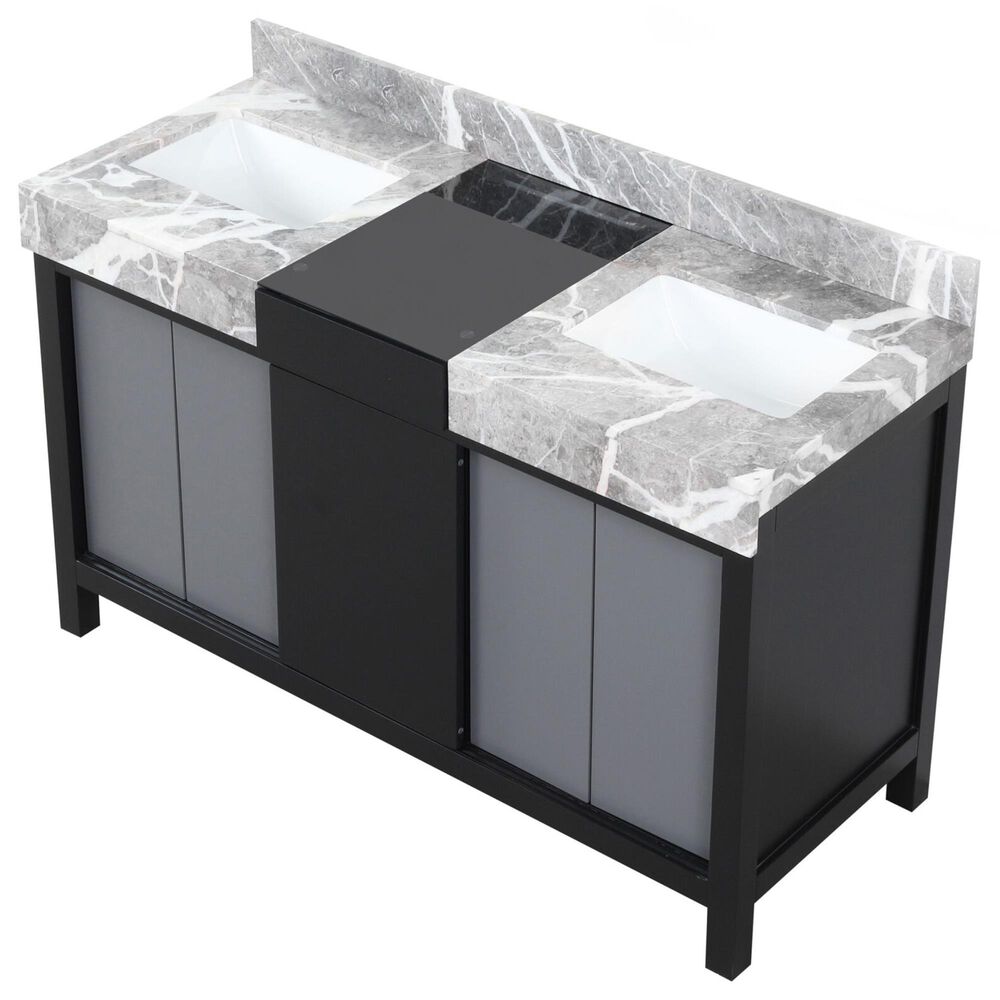 Lexora Home Zilara 55&quot; Double Bathroom Vanity in Black and Grey with 11 cm Castle Grey Marble Top and Rectangular Sinks, , large