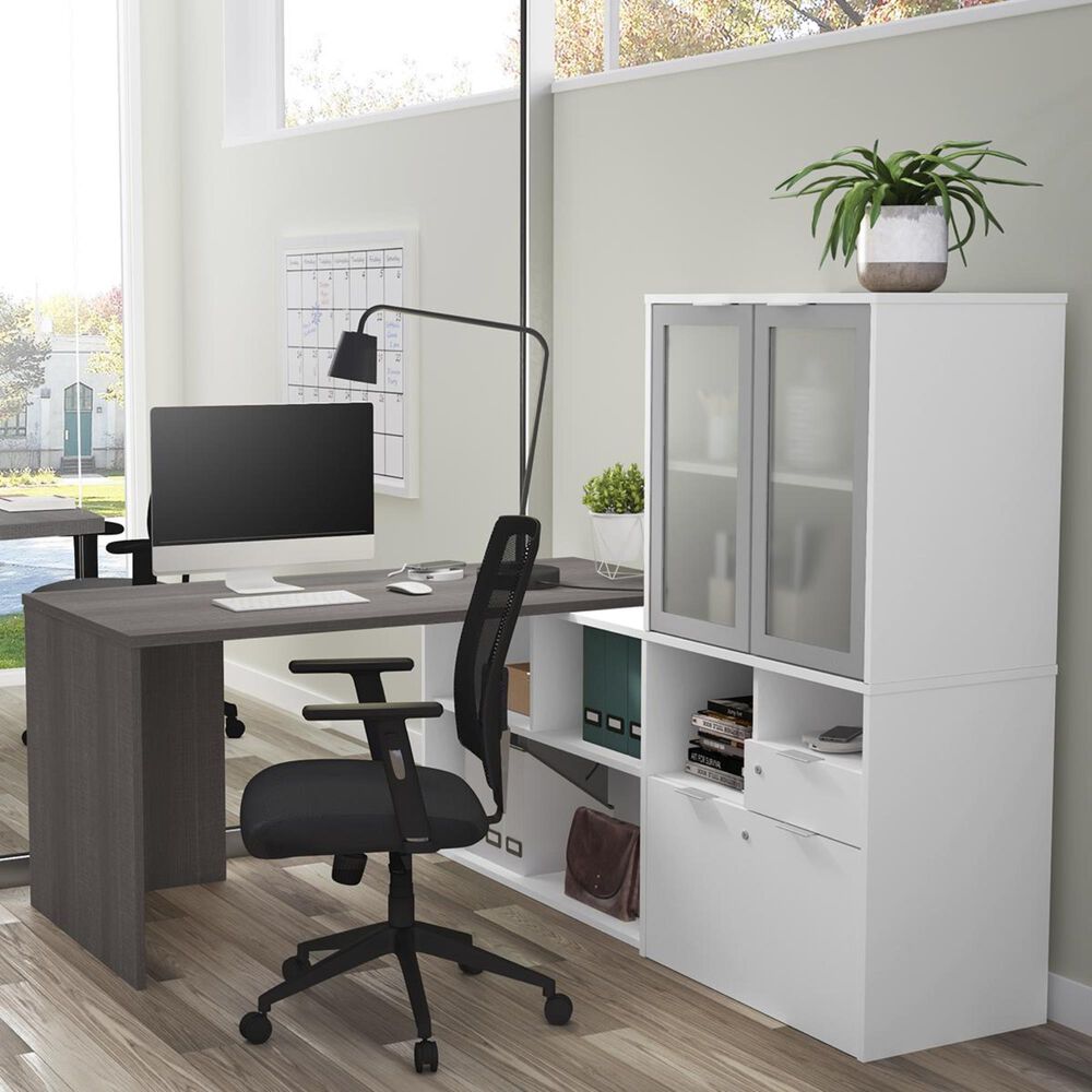 Bestar i3 Plus L-Desk with Door Hutch in Bark Gray and White, , large