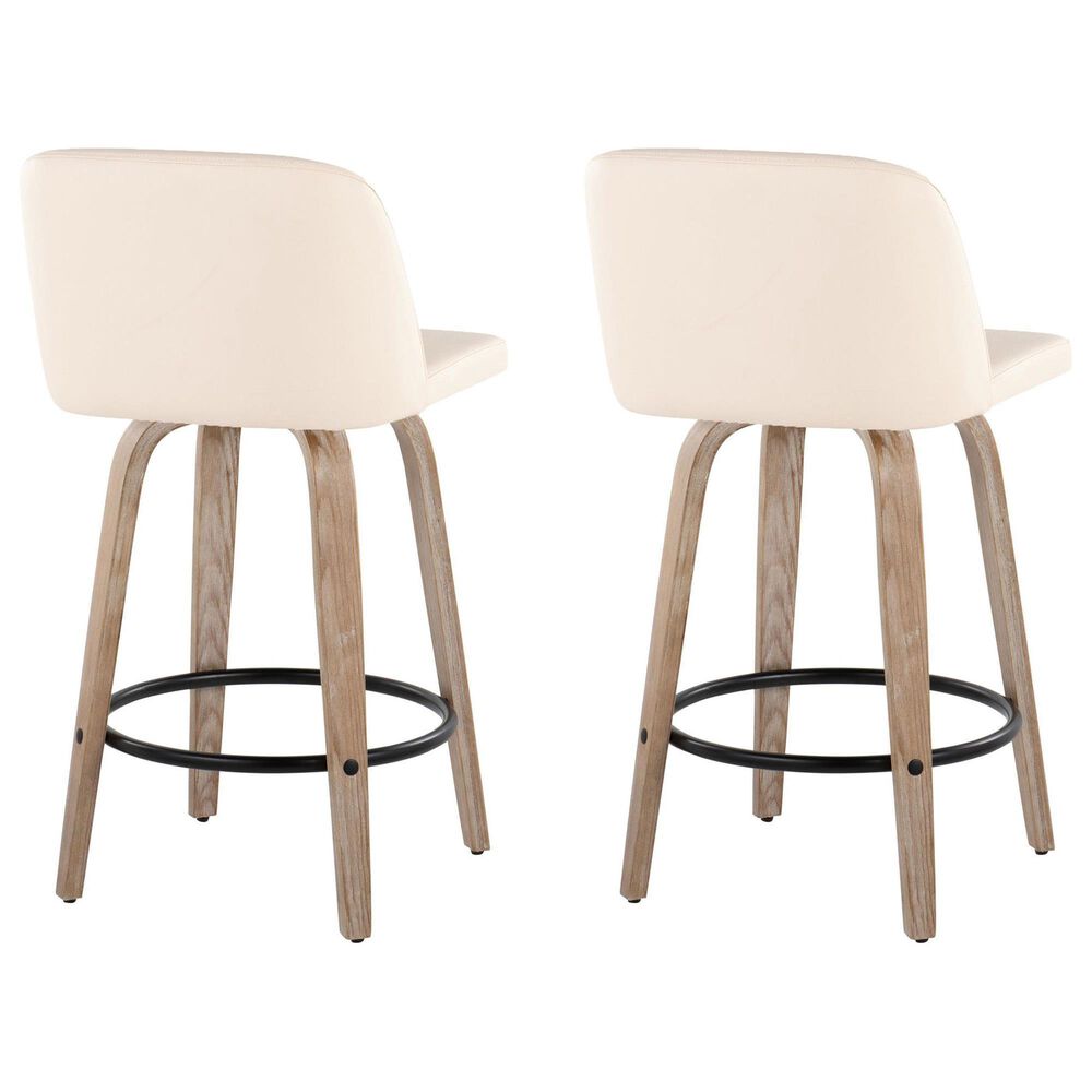 LumiSource Toriano Swivel Counter Stool with Cream Faux Leather Upholstery in Whitewashed and Black (Set of 2), , large