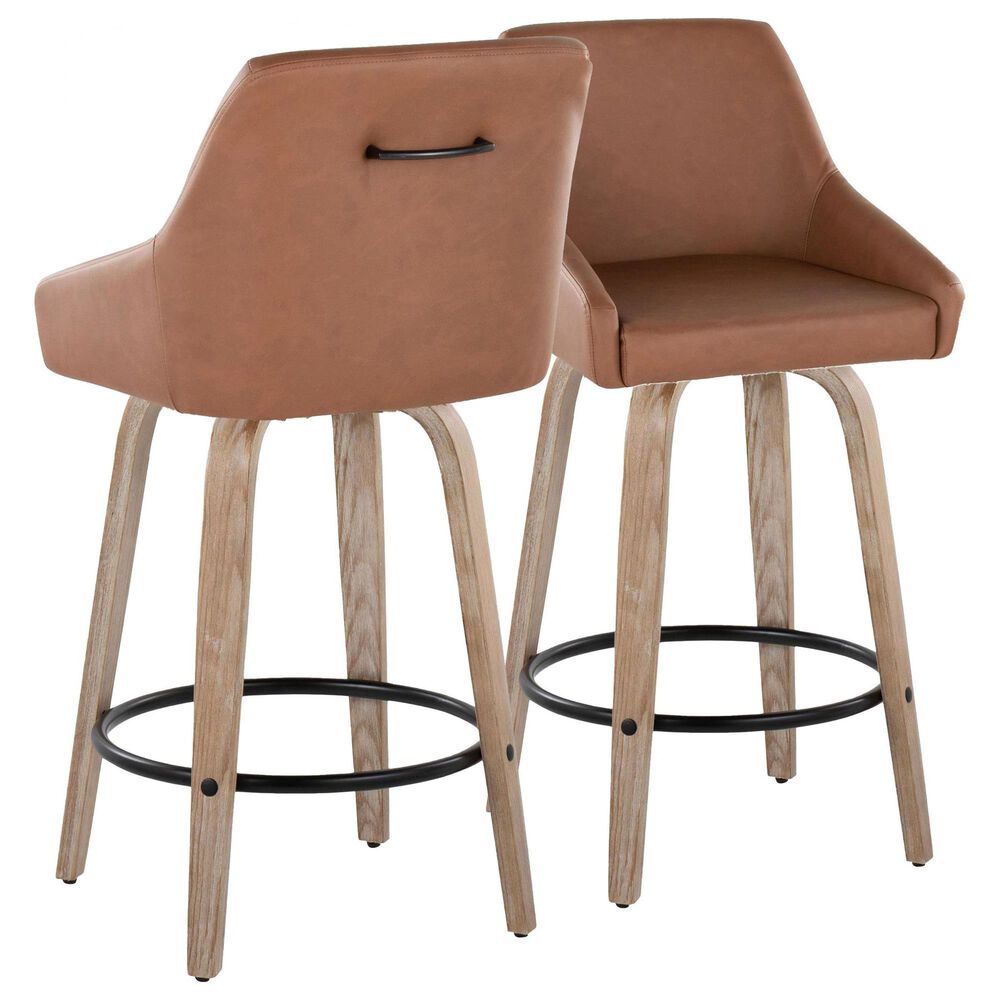 LumiSource Hannah Swivel Counter Stool with Camel Faux Leather Upholstery in Whitewashed and Black (Set of 2), , large