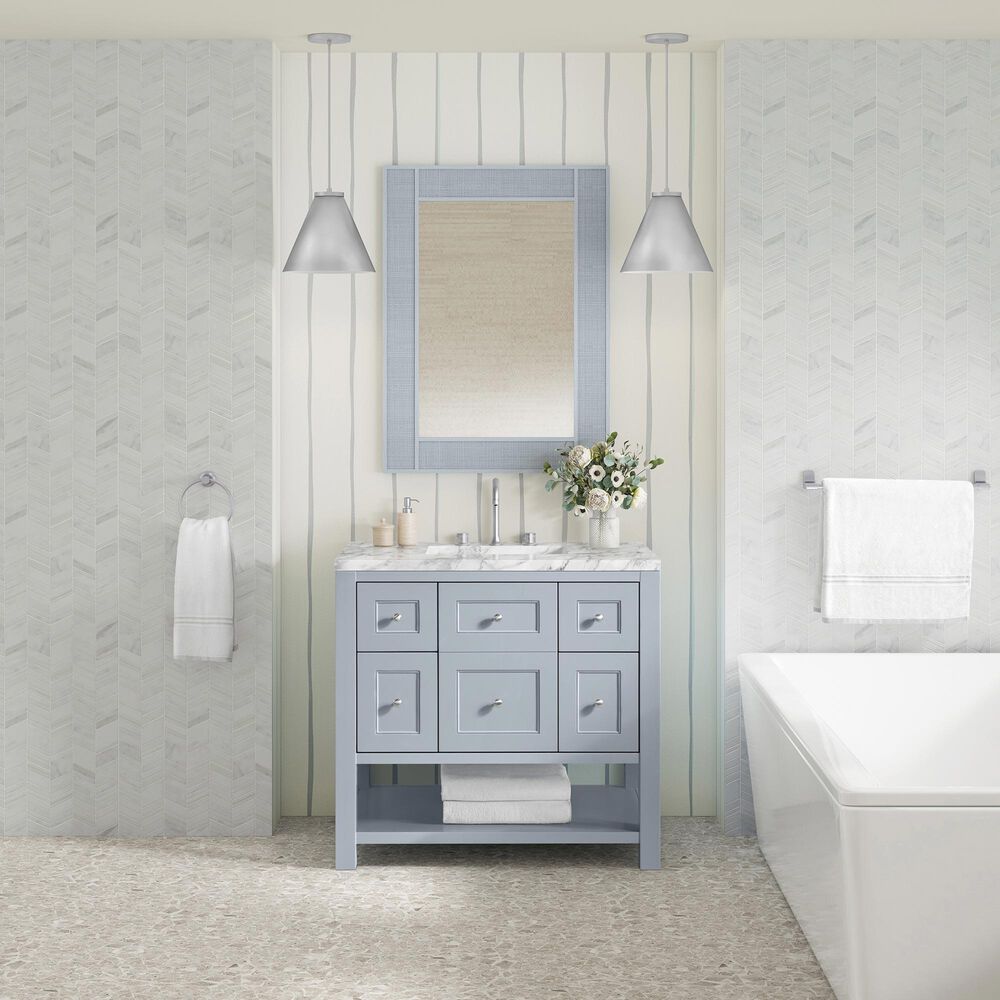 James Martin Vanities Breckenridge 36&quot; Single Bathroom Vanity in Serenity Blue with 3 cm Carrara White Marble Top and Rectangular Sink, , large