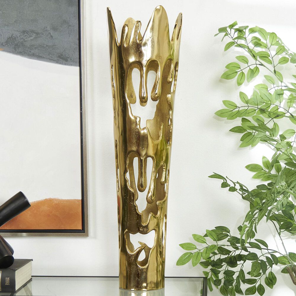 Maple and Jade 8.5&quot; Abstract Drip Decorative Vase with Melting Designed Body in Satin Gold, , large