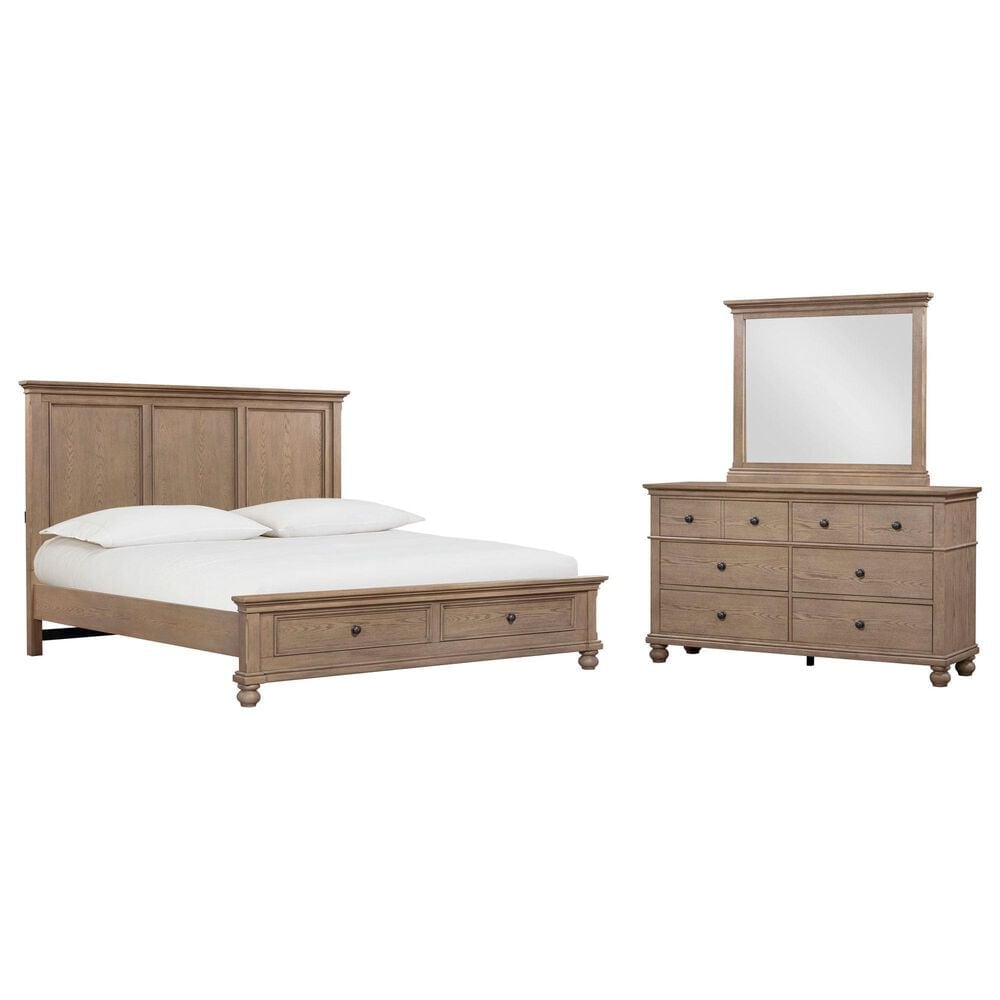 Riva Ridge Oxford 3-Piece King Panel Storage Bedroom Set in Tan with USB Ports, , large