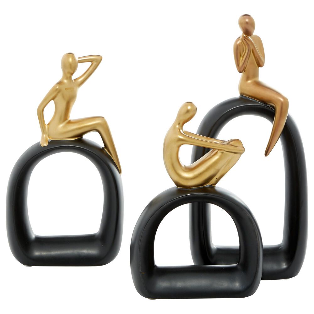 CosmoLiving by Cosmopolitan Abstract Human Sitting on U-Shaped Base Sculpture in Gold and Black (Set of 3), , large