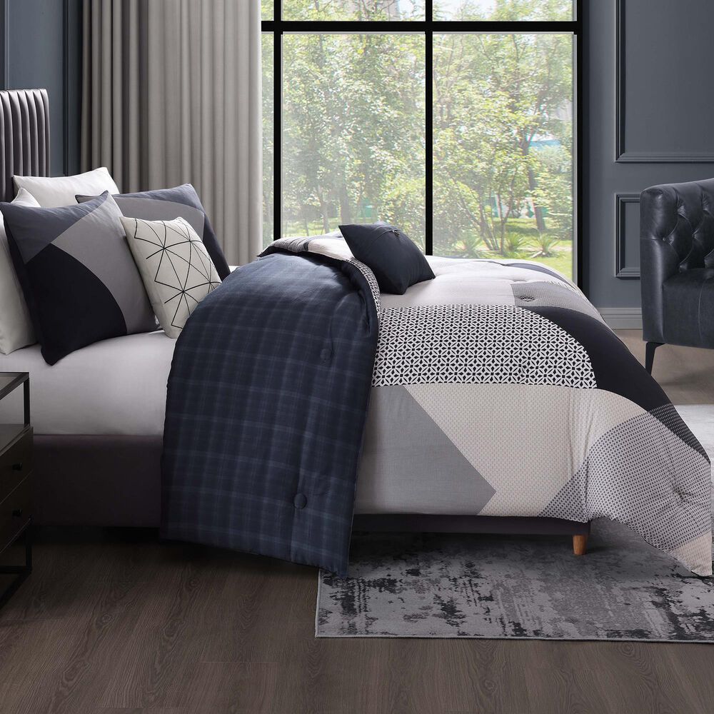 BEBEJAN Geo Fusion 5-Piece Queen Comforter Set in Navy, Grey and Ivory, , large
