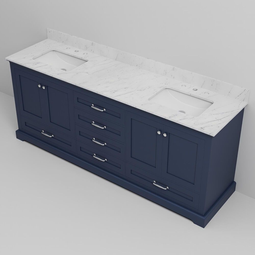 Lexora Home Dukes 80" Double Bathroom Vanity in Navy Blue with 2 cm White Carrara Marble Top and Rectangular Sinks, , large