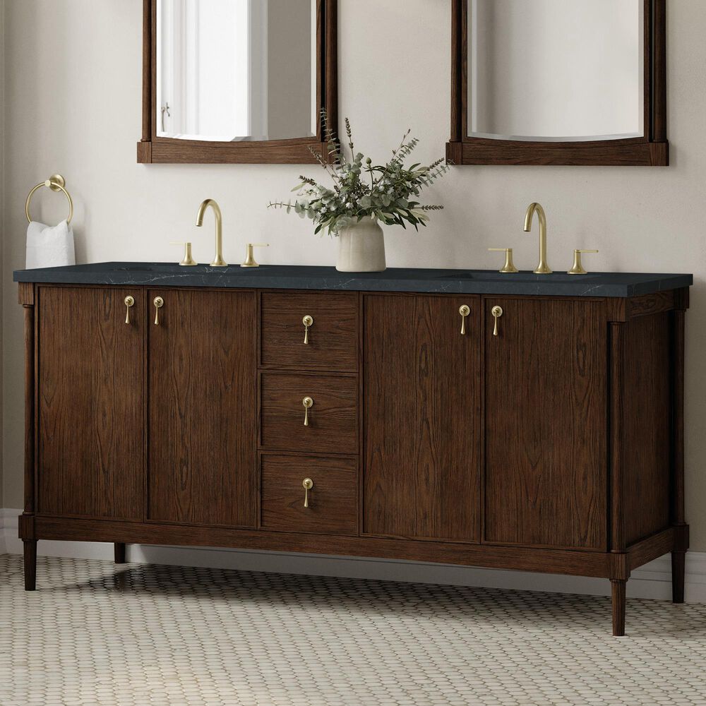James Martin Kinnsden 72" Double Bathroom Vanity in Sable Oak with 3 cm Charcoal Soapstone Silestone Top and Rectangular Sinks, , large